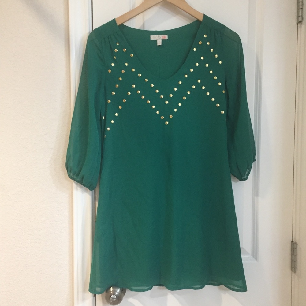 Gianni Bini Green Poet Long Sleeve Studded Mini Tunic Dress XS